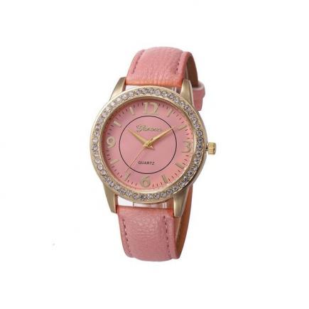 Lady Design Dial Leather Band Analog Geneva Quartz Wrist Watch-Pink