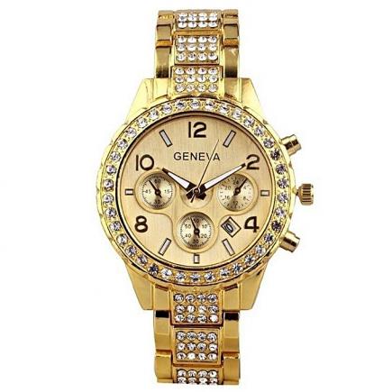 Full Steel Men's Women's Rhynestone Wristwatch-Gold