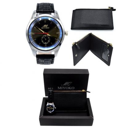 Miyoko Leather Watch  + Miyoko PU Leather Wallet Bundle -Black