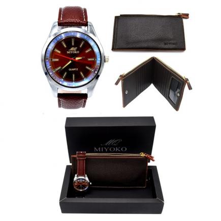 Miyoko Leather Watch  + Miyoko PU Leather Wallet Bundle - Dark Brown