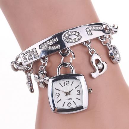 Tectores 2018 Fashion Multifunction Fashion Women Love Rhinestone Chain Bracelet Wrist Watch Square Watch SL