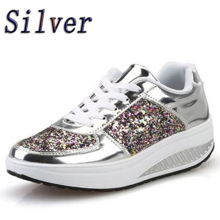 Blicool Shoes Women's Ladies Wedges Sneakers Sequins Shake Shoes Fashion Girls Sport Shoes#Silver