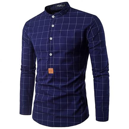 New Men's Leisure Shirts Long Sleeved Shirts Stand Collar Lattice Printing Half Open Personality Shirts