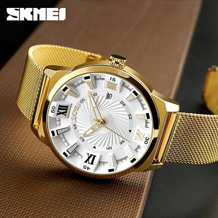 2018 New Elegant Gold Men's Waterproof Time Date Quartz Wrist Watches-White(9166)