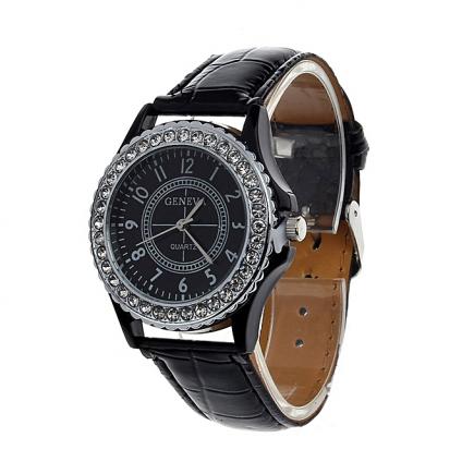 Checkeck Leather Geneva Crystal Dial Lady Wrist Watch Bracelet Quartz Hour BK