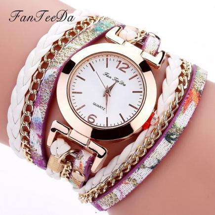 Women Fine Leather Band Winding Analog Quartz Movement Wrist Watch