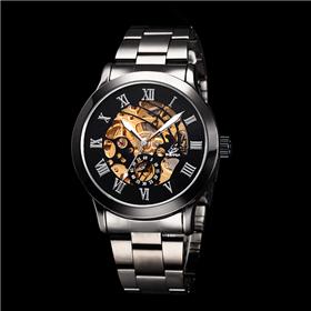 Men's Analog Mechanical Wrist Watch with Silver Steel Band