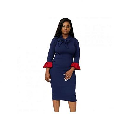 Dona Bow Neck Midi Dress - Navy Blue