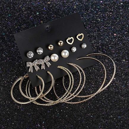 Ladies Fashion Earring Set (9 Pairs) - Gold