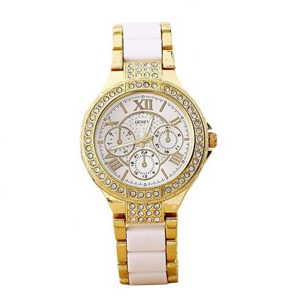 Rhinestone Female Wristwatch. - Gold/White