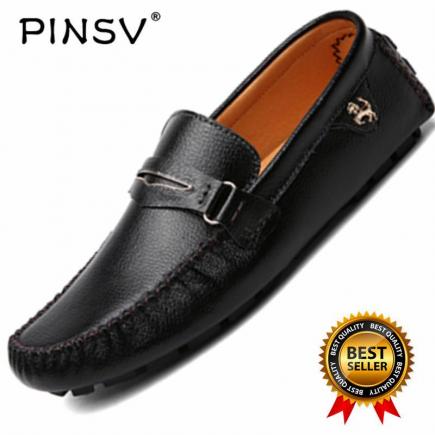 PINSV Kulit Serta Datar Asli Kasual Dia Man Loafers Memakai (Hitam)