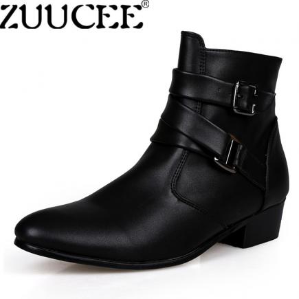 Zuucee Pria Sepatu Kulit Runcing Pertengahan Betis Boots Gesper Sepatu Flat (Hitam) 【Free Shipping】