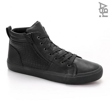 Men Snake Pattern Leather Canvas Sneakers - Black