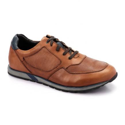 Men Stitched Leather Lace Up Sneakers - Coffee