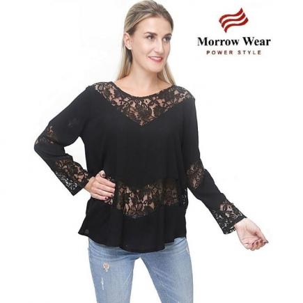 Lace Long Sleeves Blouse - Black