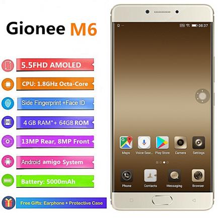 M6 (GN8003) 5.5-Inch HD (4GB,64GB ROM) Android 6.0 Marshmallow, 13MP + 8MP Dual SIM 4G Smartphone - Gold