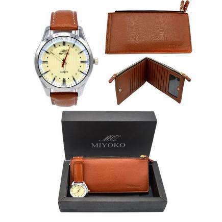 Miyoko Leather Watch  + Miyoko PU Leather Wallet Bundle - Camel