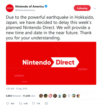 Nintendo Direct Delayed Due to Earthquake in Hokkaido, Japan