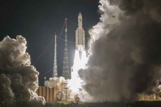 100th launch of Europe’s Ariane 5 rocket sends a pair of telecom satellites into orbit