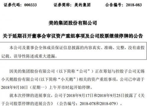 美的集团：延期召开董事会审议资产重组事项 股票继续停牌