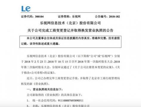 乐视网：完成工商变更登记并取得换发营业执照