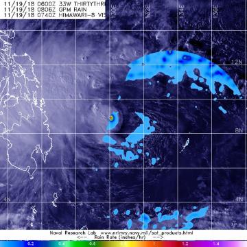 GPM satellite sees light rain occurring in Tropical Depression 33W's eastern side