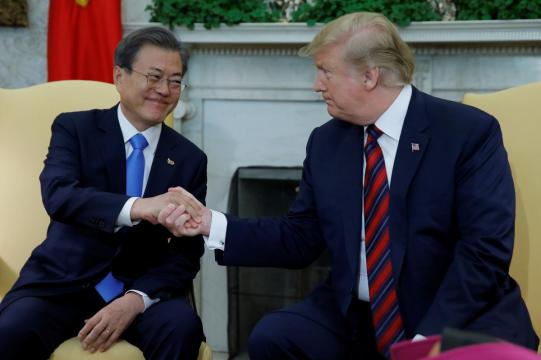 Trump, in talks with South Korea's Moon, says sanctions on North Korea to stay in place