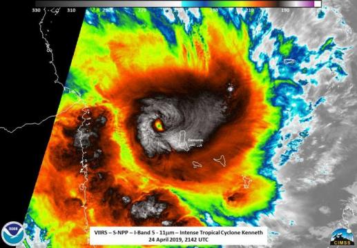 NASA-NOAA satellite catches intense Tropical Cyclone Kenneth make landfall in northern Mozambique