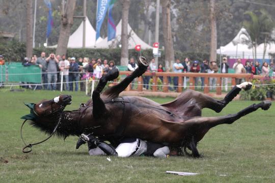 Cavalo cai sobre atleta brasileiro em prova de hipismo no Pan
