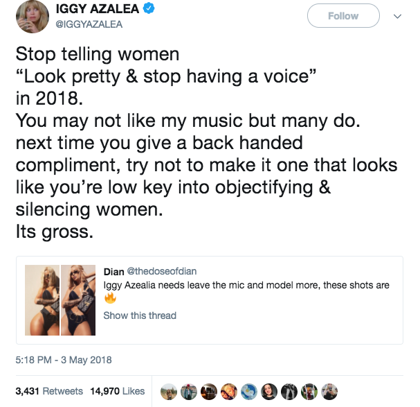 Iggy Azalea clapped back at a tweet telling her to stop making music.