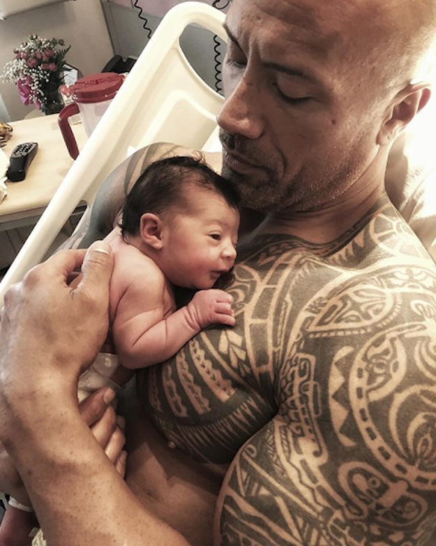 Honestly, the only image I ever want to look at for the rest of my life is giant Dwayne Johnson cradling his smol newborn daughter. Her entire body is THE SIZE OF HIS HAND.