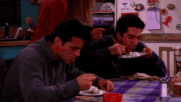 In the scene, Ross is supposed to stuff his face with the trifle to prove how much he likes it.
