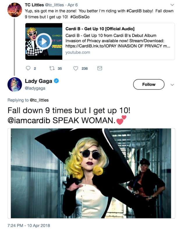 And actually, right after Gaga reposted the video, she showed her love for Cardi B's "Get Up 10" song.