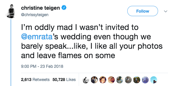 She tweeted saying she was "oddly mad" she wasn't invited because she likes all her Instas and comments flames.