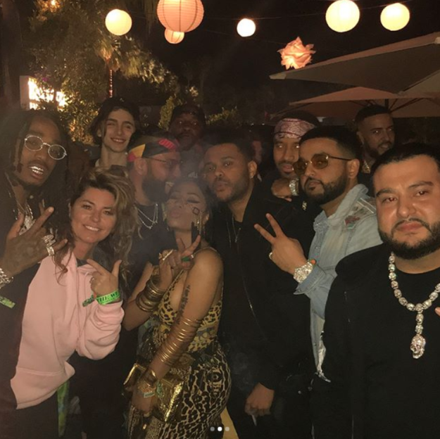Okay, now let's talk about this photo. The pic heard 'round the world. You've got Nicki Minaj, The Weeknd, French Montana, Nav, Timothée Chalamet (lol) and of course, Shania Twain in a pink hoodie.