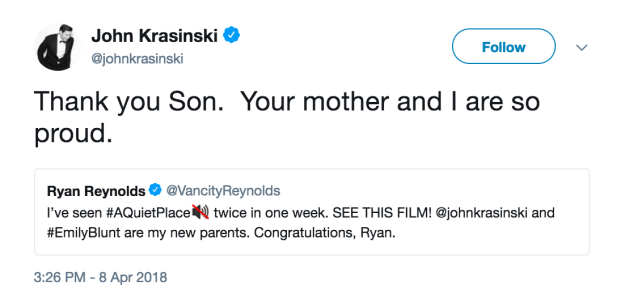 Most recently, Ryan has expanded his trolling repertoire to include fellow celebrities. In fact, just a couple of days ago he had a delightful Twitter exchange with John Krasinski in which he asked to be adopted by him and Emily Blunt.