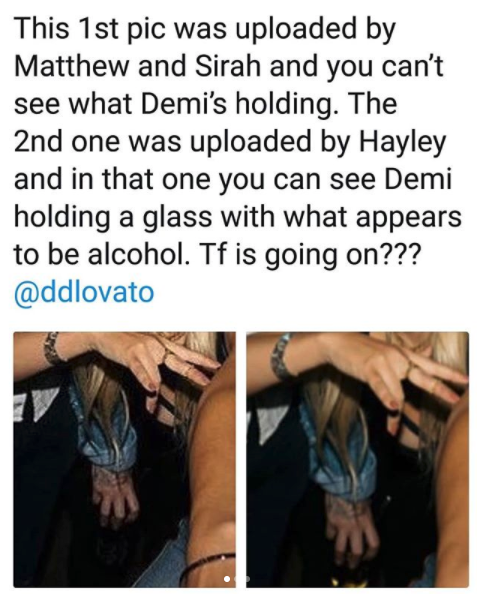 However, a fan recently posted pictures on Instagram which showed Demi holding a drink that they suggested may be alcohol, questioning why two of her friends appeared to have shaded the drink out, while another friend, Hayley Kiyoko, hadn't.