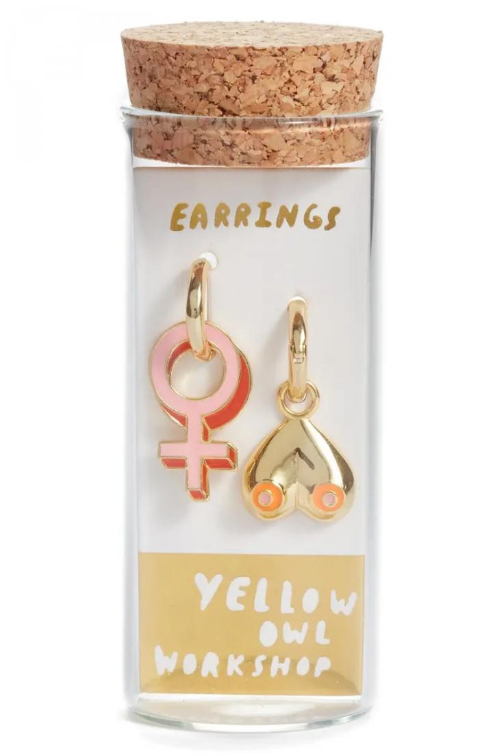 Something-Cute-Yellow-Owl-Workshop-Women-Lib-Mismatched-Drop-Hoop-Earrings.webp