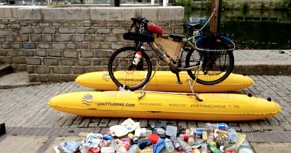 Man bikes on water to clean up plastics