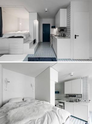 Stacked multifunctional beds enlarge these 269 sq. ft. micro-apartments