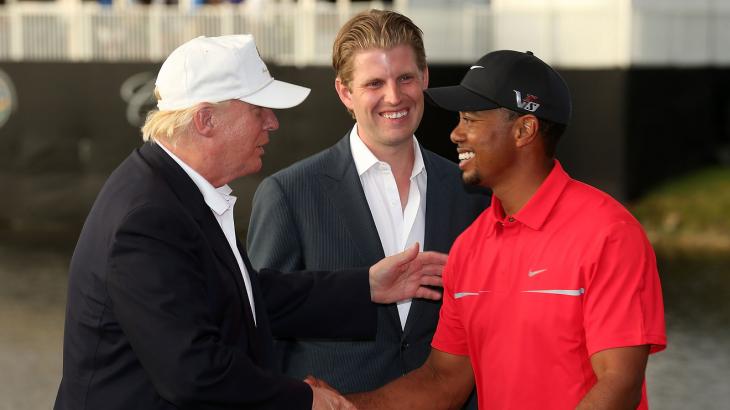 Key Words: Tiger Woods doesn’t take the bait when asked about his relationship with Trump