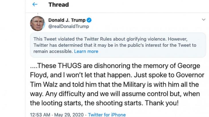 Twitter adds 'glorifying violence' warning to Trump tweet