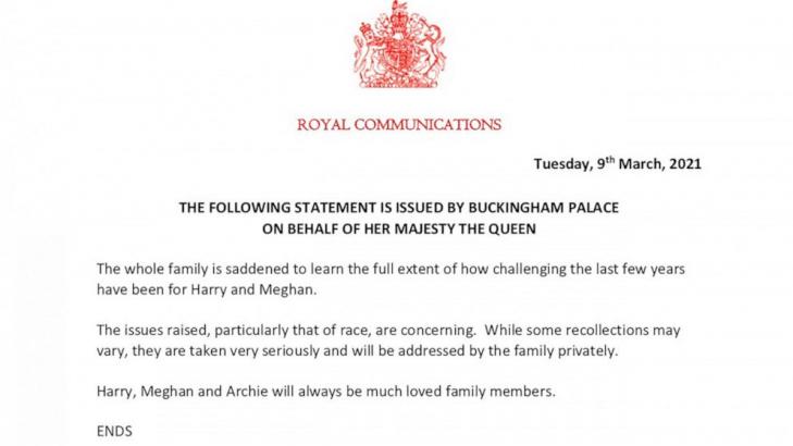 Buckingham Palace statement on Harry and Meghan interview