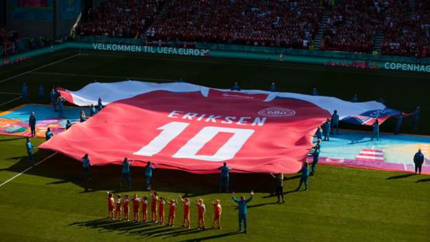 Christian Eriksen: Denmark & Belgium players and fans show support in 10th minute