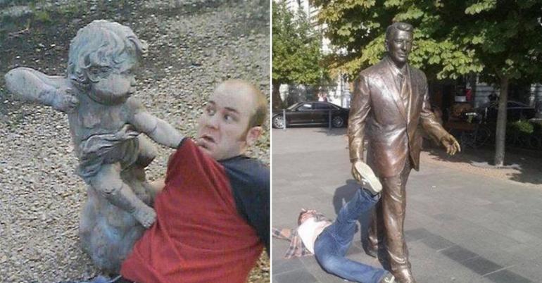 People having fun with statues (46 photos)