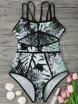 Piping Tropical Print One Piece Swimsuit