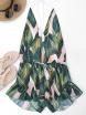 Drawstring Backless Leaf Print Beach Romper