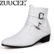 ZUUCEE Pria Menunjuk Kulit Sepatu Pertengahan Betis Boots Buckle Flats Sepatu (putih)-Intl