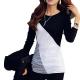 Women Casual O-Neck Long Sleeve Patchwork Contrast Color Slim T-Shirt Tops-Black